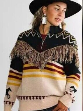 Sterling & Stitch Southwestern Fringe Pullover Sweater Size S Aztec Horse